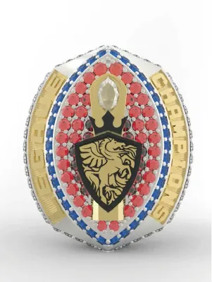 Mặt trước nhẫn vô địch bóng đá Mỹ của đội Pegasus Guardians, thể hiện biểu tượng đội và tinh thần chiến thắng