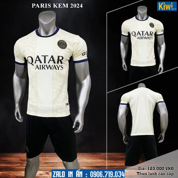 Áo đá bóng Pari in màu gì đẹp trên nền kem, họa tiết chữ số ấn tượng