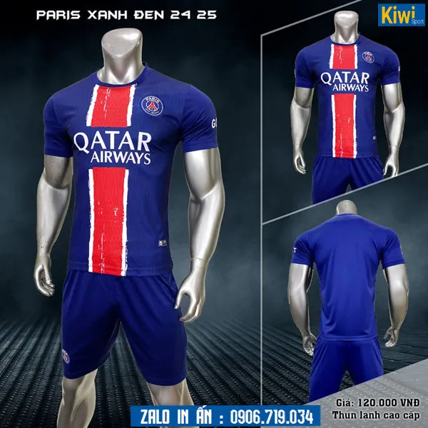 Áo đá bóng Pari in màu gì đẹp với nền xanh đen, phối chữ trắng nổi bật