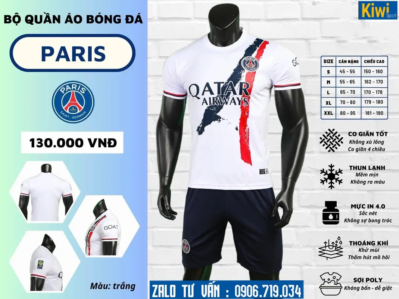 Áo đá bóng Pari in màu gì đẹp trên nền trắng, dễ dàng phối hợp mọi sắc in