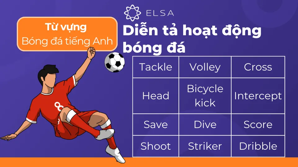 Hình ảnh các hành động kỹ thuật trong bóng đá với từ vựng tiếng Anh tương ứng, minh họa rõ nét cách chơi đá bóng đọc tiếng Anh là gì