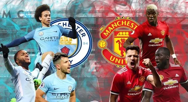 Hình ảnh đối đầu căng thẳng giữa các cầu thủ Manchester United và Manchester City trong một trận derby quyết định.